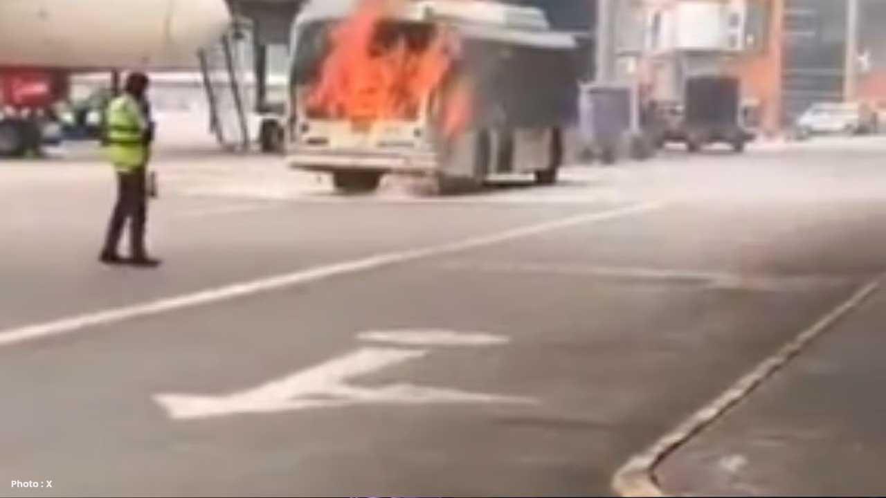 Bus Catches Fire Near Air India Plane At Delhi Airport T3