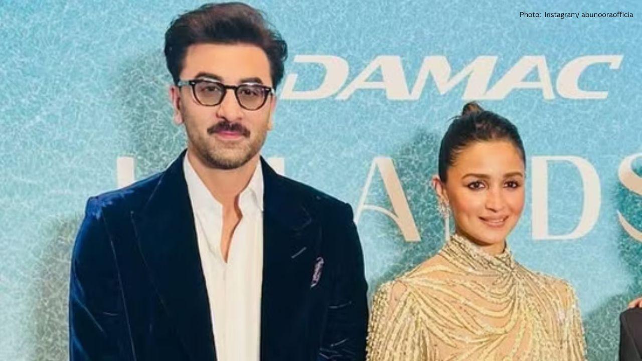 Alia Bhatt Stuns in Elegant Pearl-Embellished Gown Alongside Ranbir Kapoor at Dubai Gala