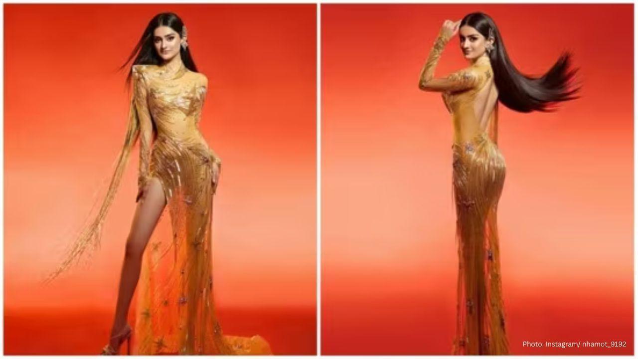 Manika Vishwakarma Dazzles in Golden Dress at Miss Universe 2025