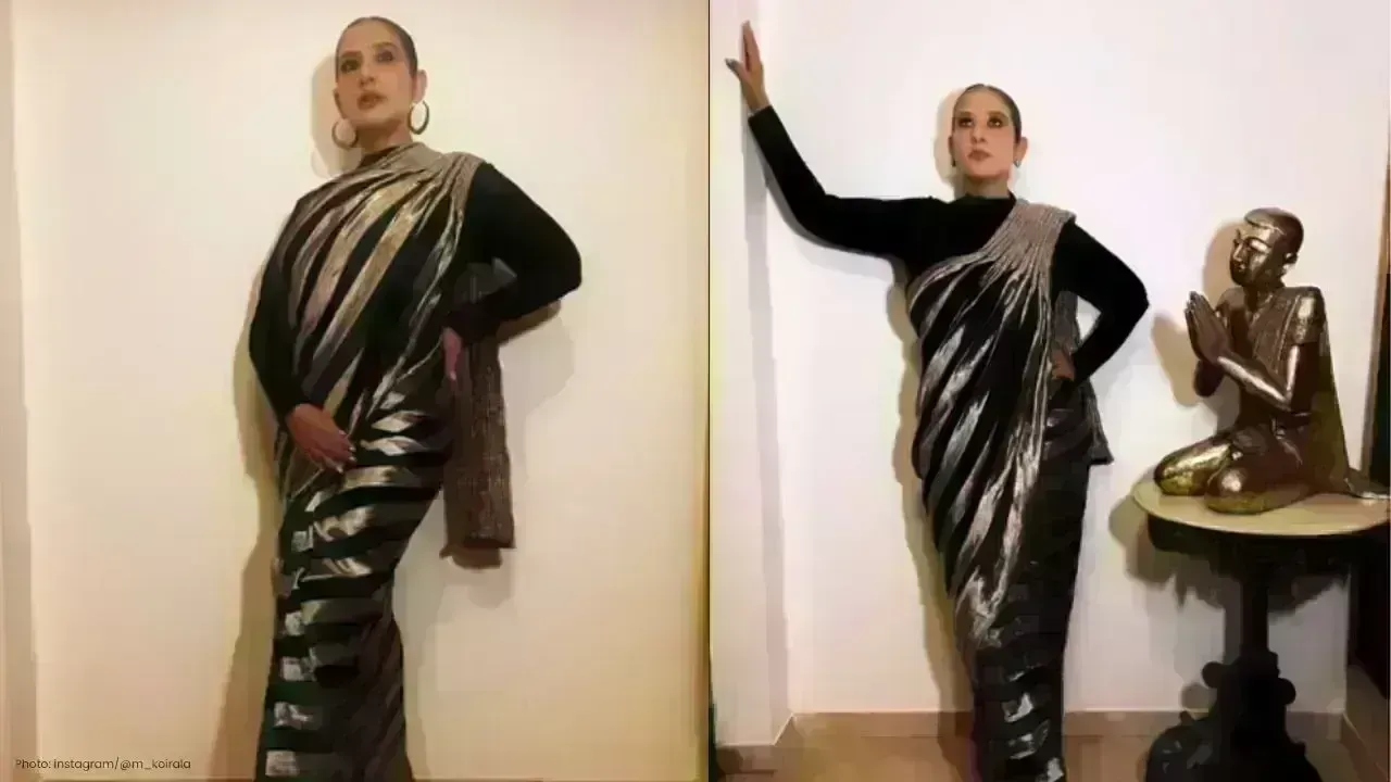 Manisha Koirala Dazzles in Chic Gold-Black Saree at Premiere