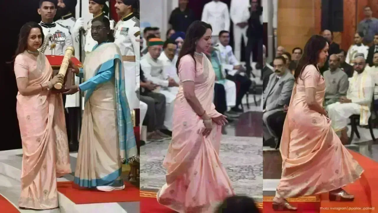 Hema Malini Dazzles in Pink Saree at Padma Awards 2026