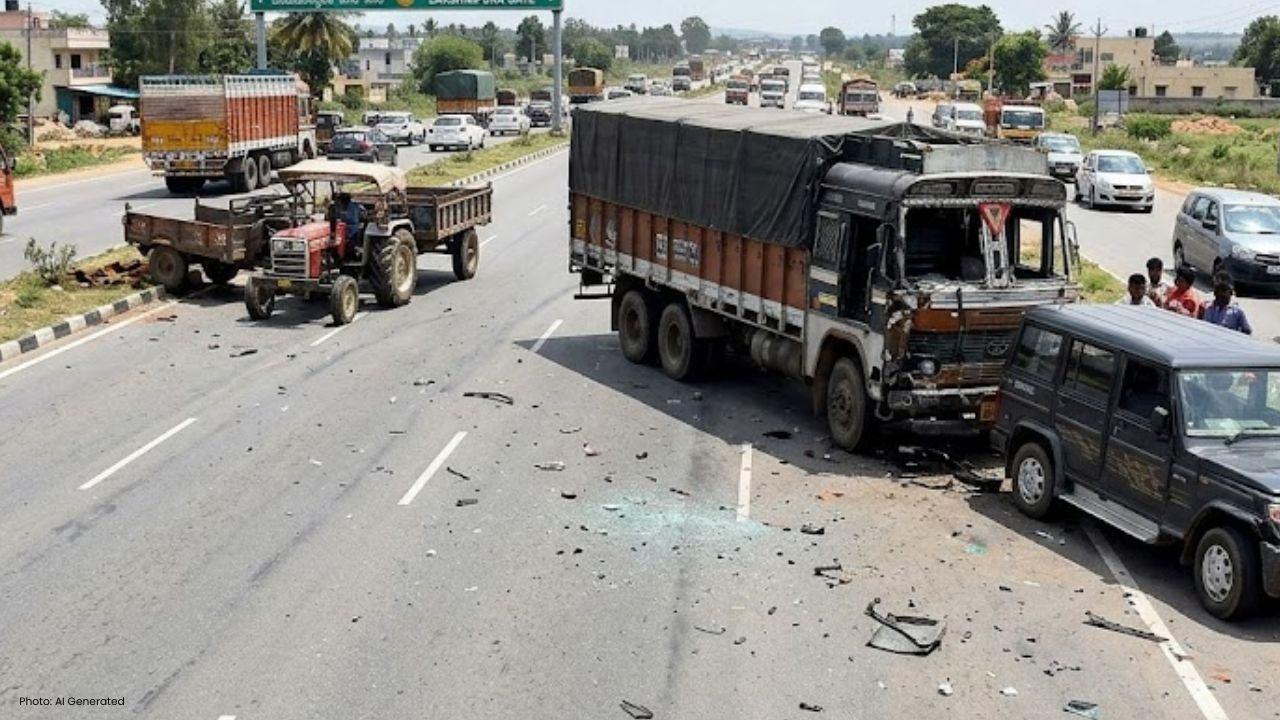Three Vehicles Collide on Karnataka Highway, Drivers Hurt