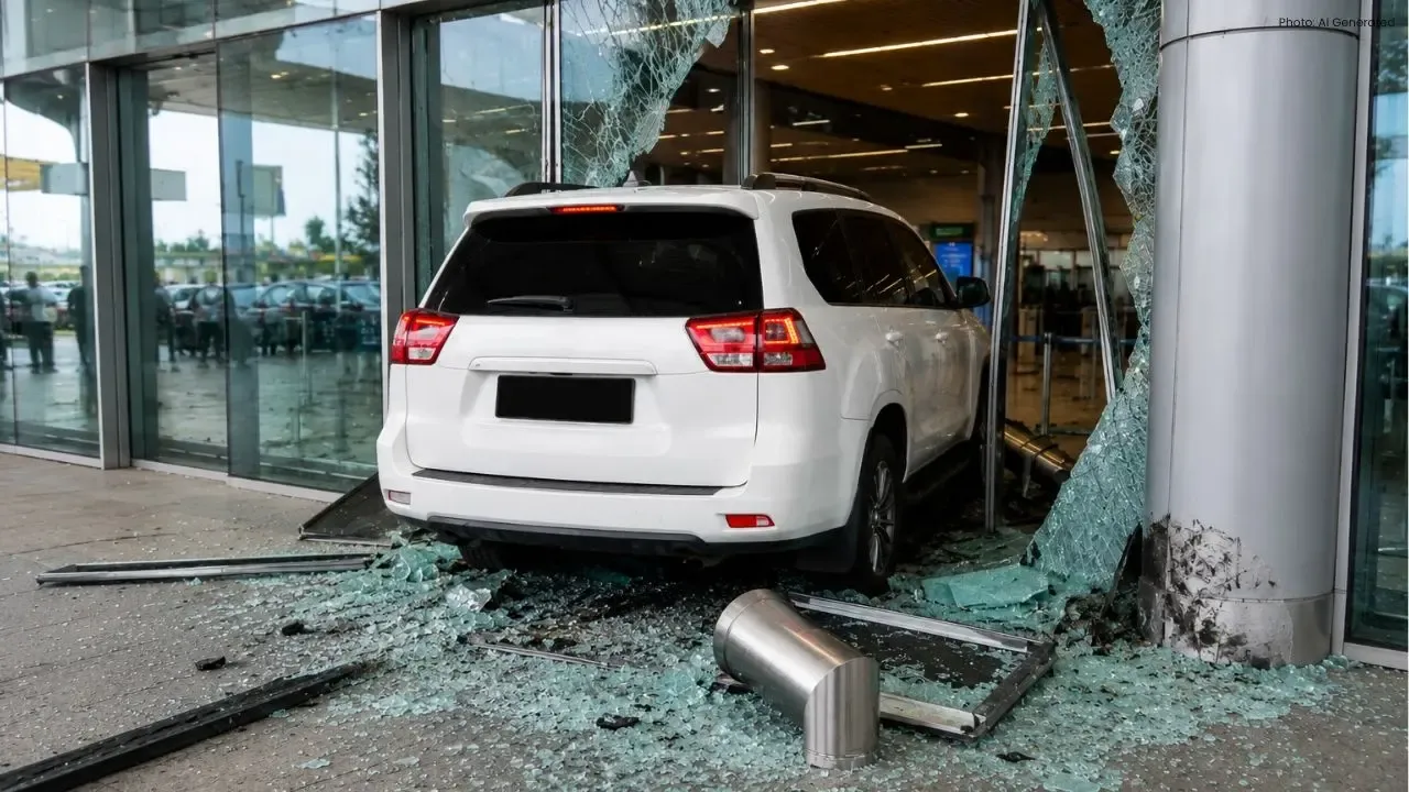 SUV Crashes Into KKIA Departure Hall After Gear Error